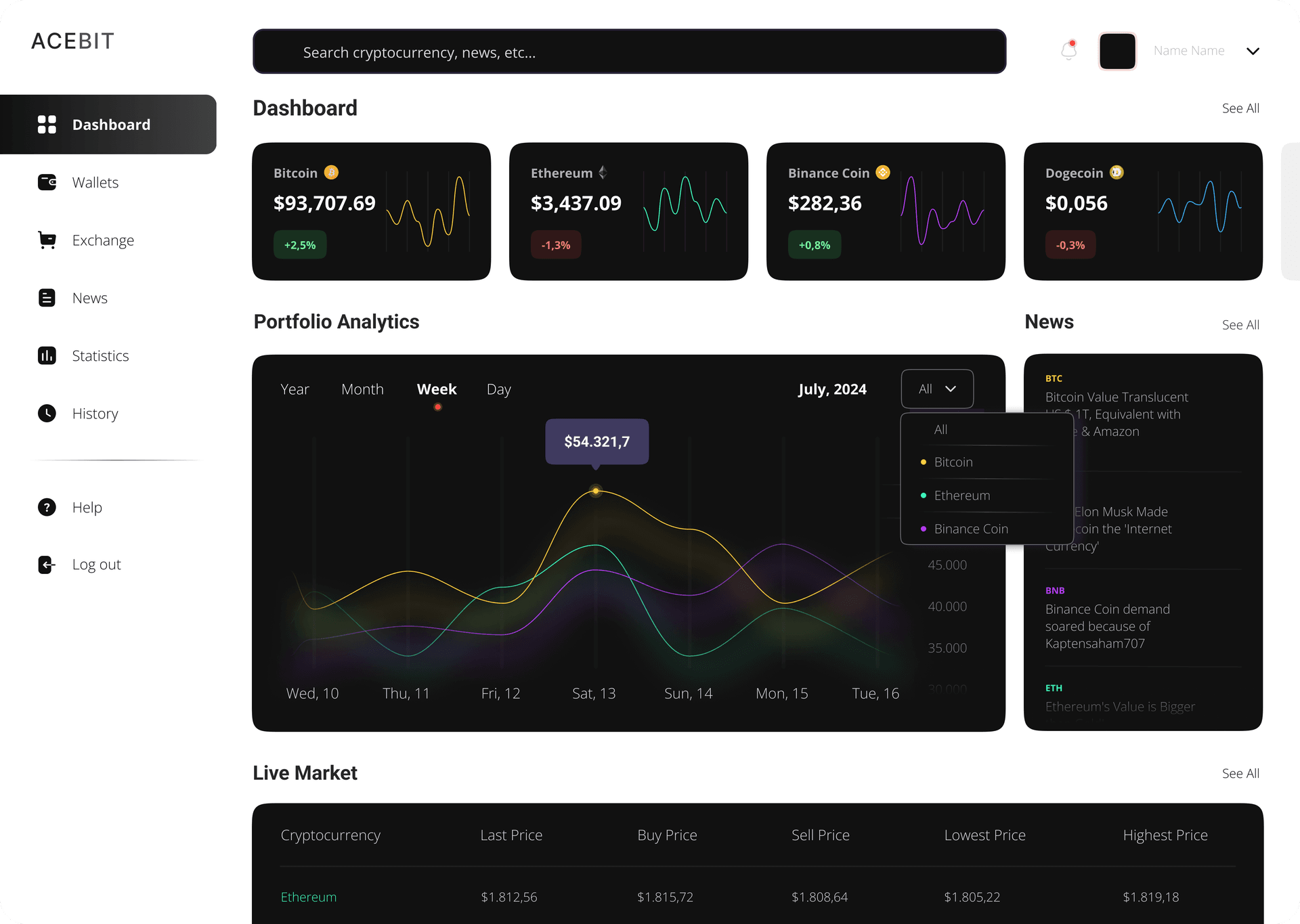 Cryptocurrency platform interface